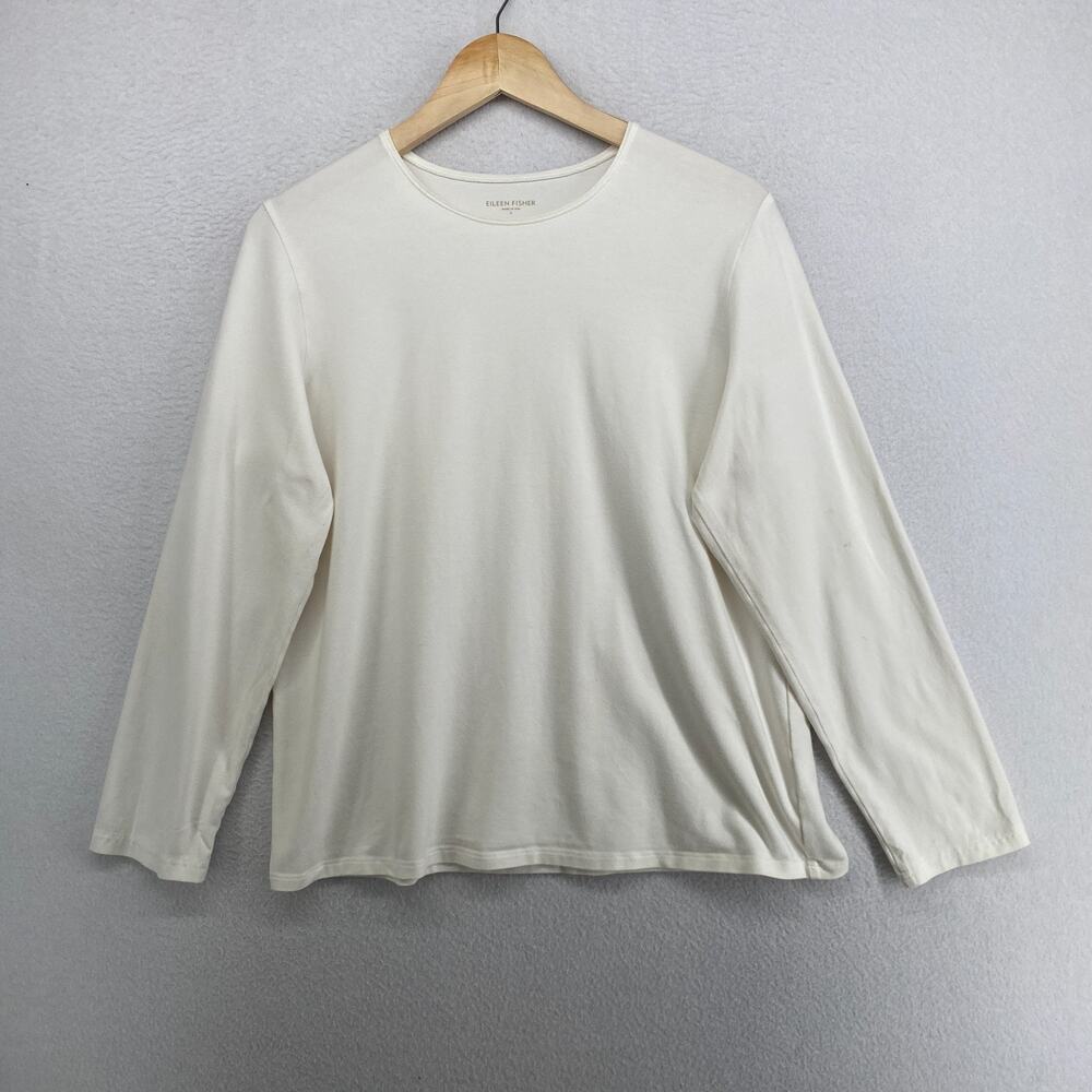 EILEEN FISHER Top L Stretch Organic Cotton Jersey Long Sleeve Off White USA